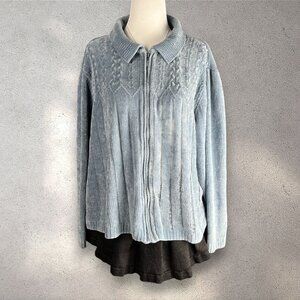 Alfred Dunner Zip-Up Chenille Collared Cardigan Women’s L Light Blue Cable Knit